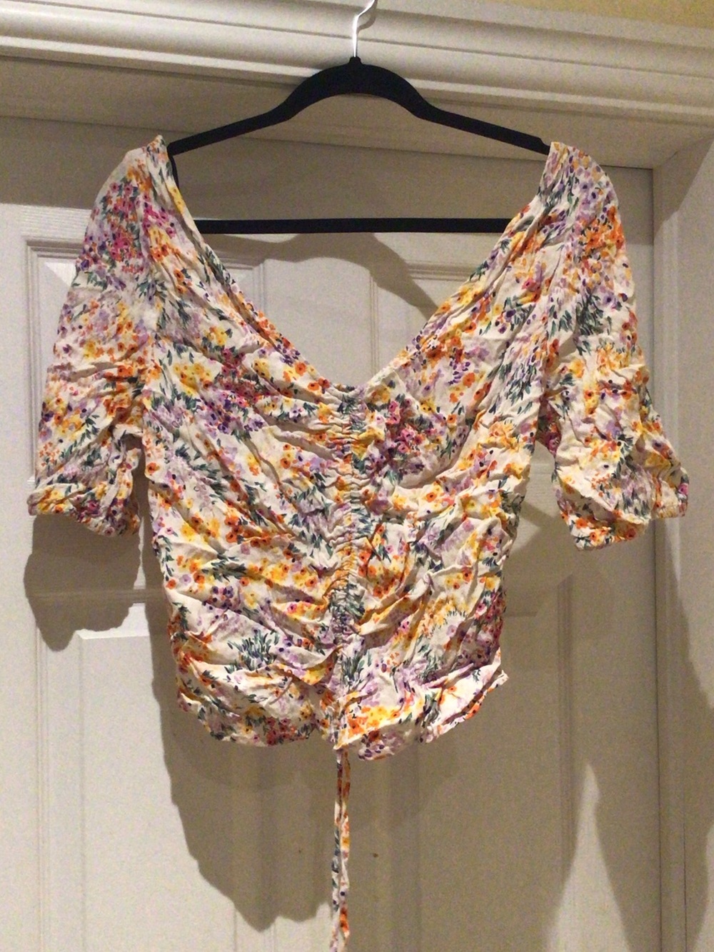 H&M White Floral Ruched Tie-Front Crop Top with Yellow & Purple Accents